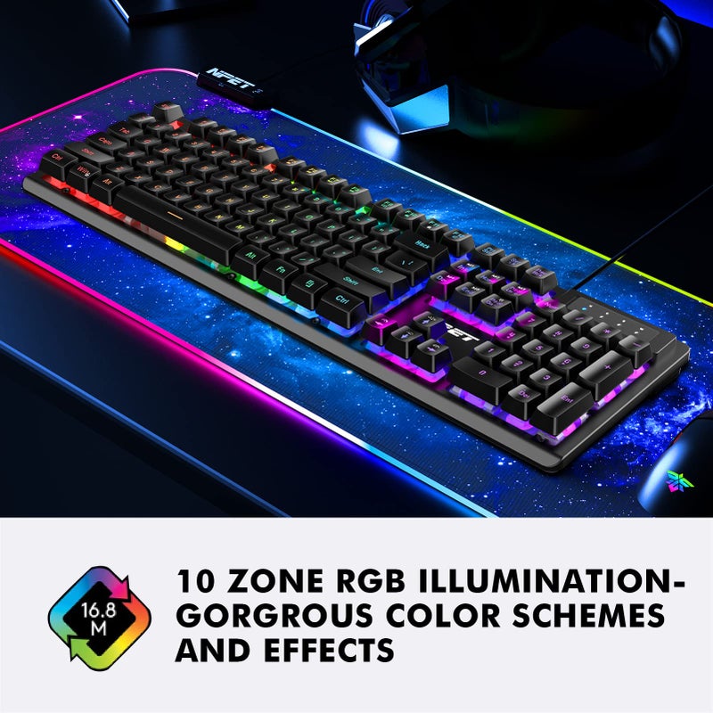NPET K10 Wired Gaming Keyboard, LED Backlit, Spill-Resistant Design, Multimedia Keys, Quiet Silent USB Membrane Keyboard for Desktop, Computer, PC (Black) - Image 5